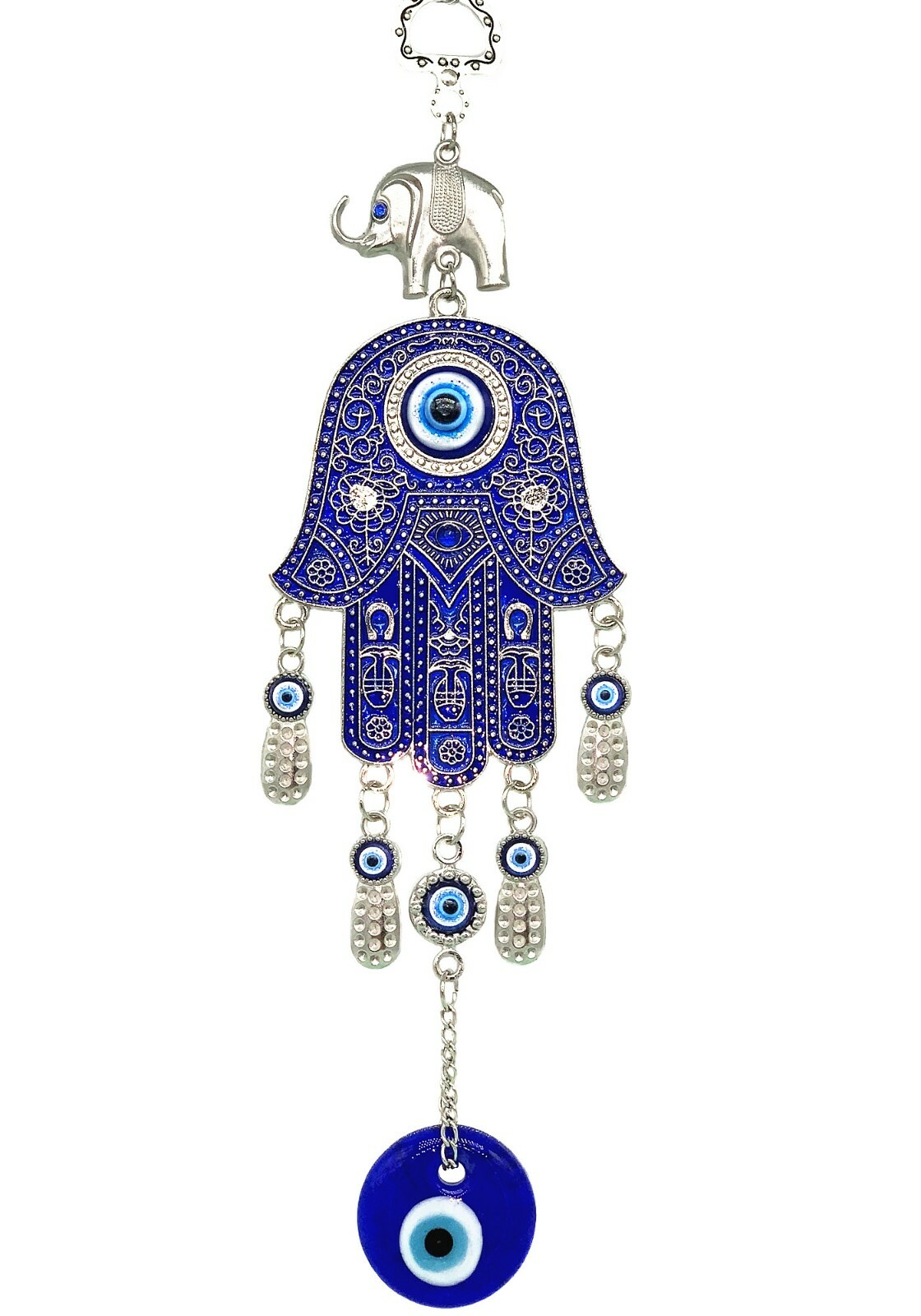 Turkish Blue Evil Eye Hamsa Hand with Elephant Wall or Car Hanging Amulet Gift