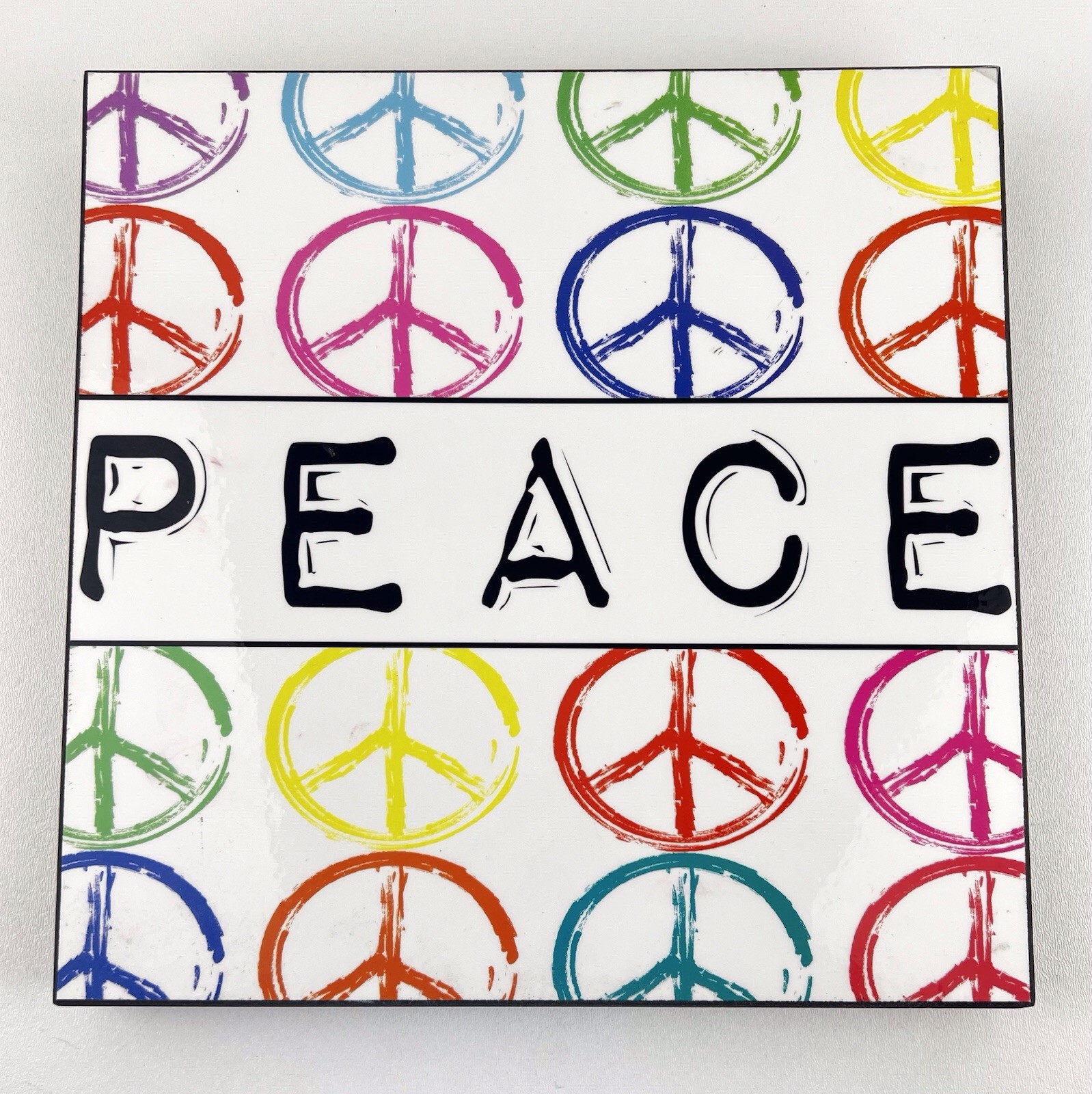 Peace Wood Wall Plaque Art Decor Rainbow Colors 12″x12″