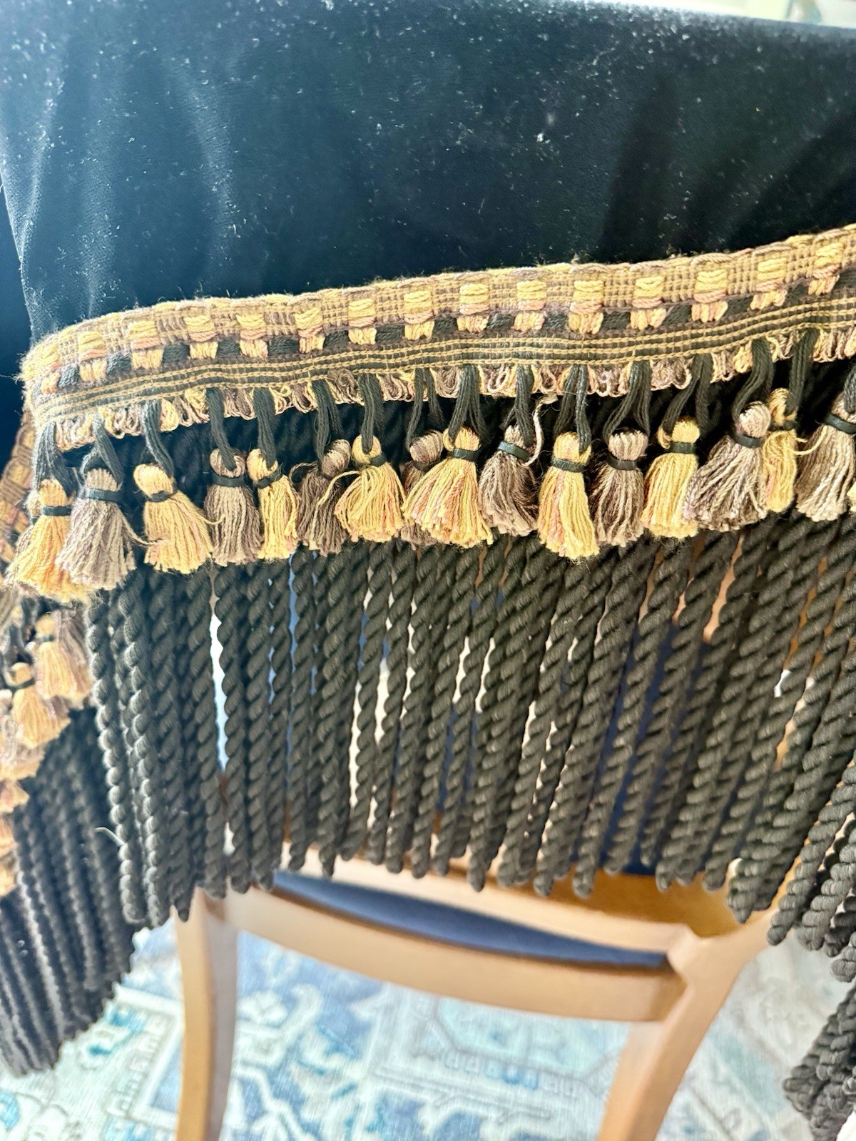 Vintage Reversible Velvet Fringe Throw Blanket Black Gold Tassel 39×70