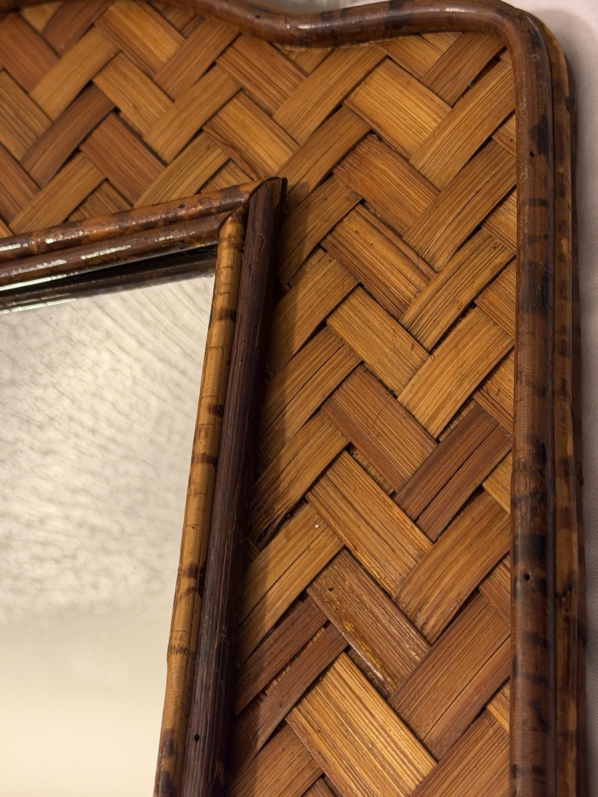 Vintage 1970’s Mottled Arched Bamboo Rattan Herringbone Pattern Mirror Hong Kong