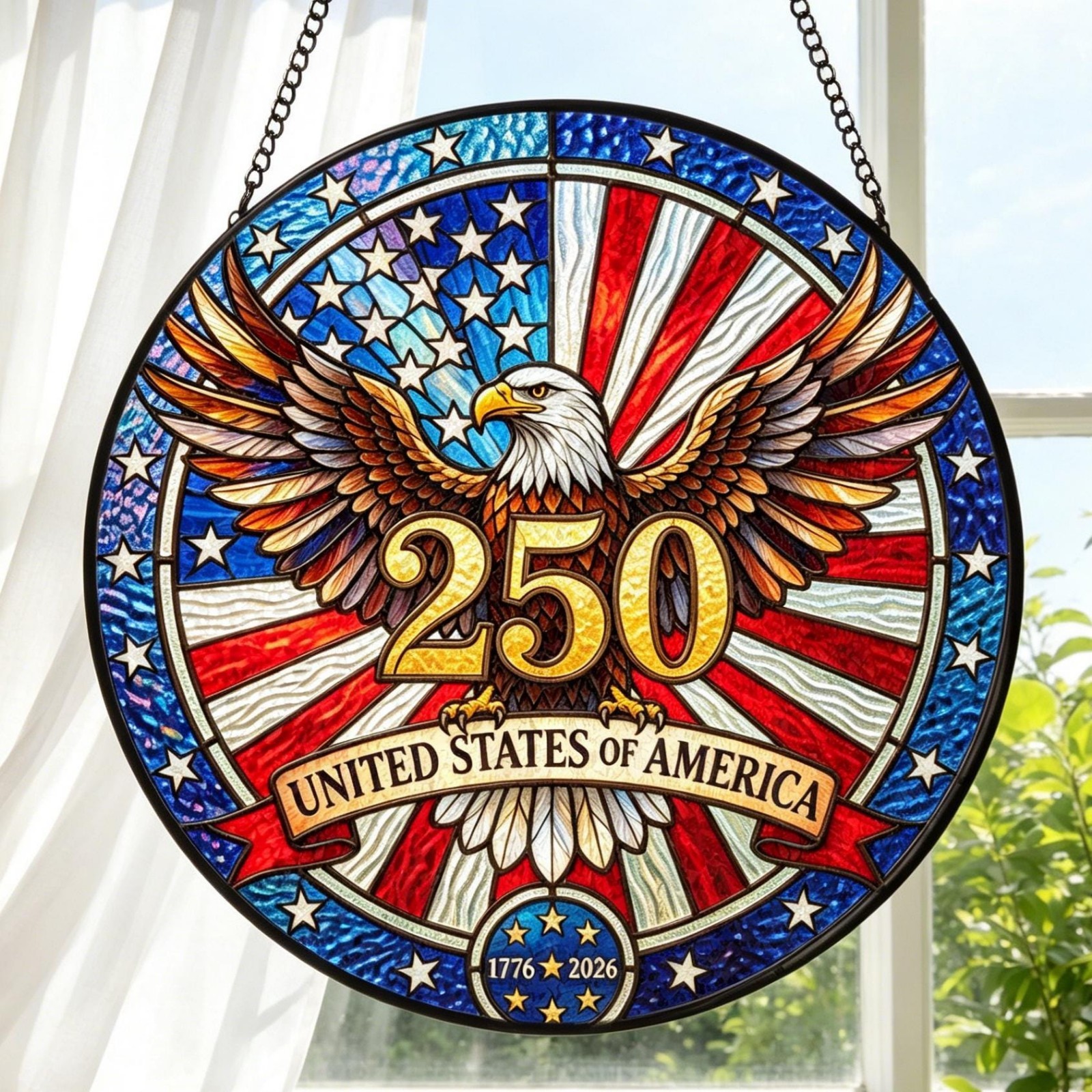 USA 250th Anniversary Stained Glass Suncatcher Patriotic Floral Acrylic Window