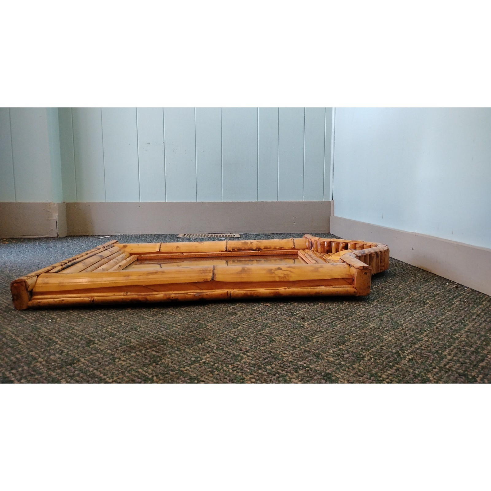 Burnt Split Bamboo Wall Mirror Pediment Top Boho 32×25 Tiki 60s Unique Large
