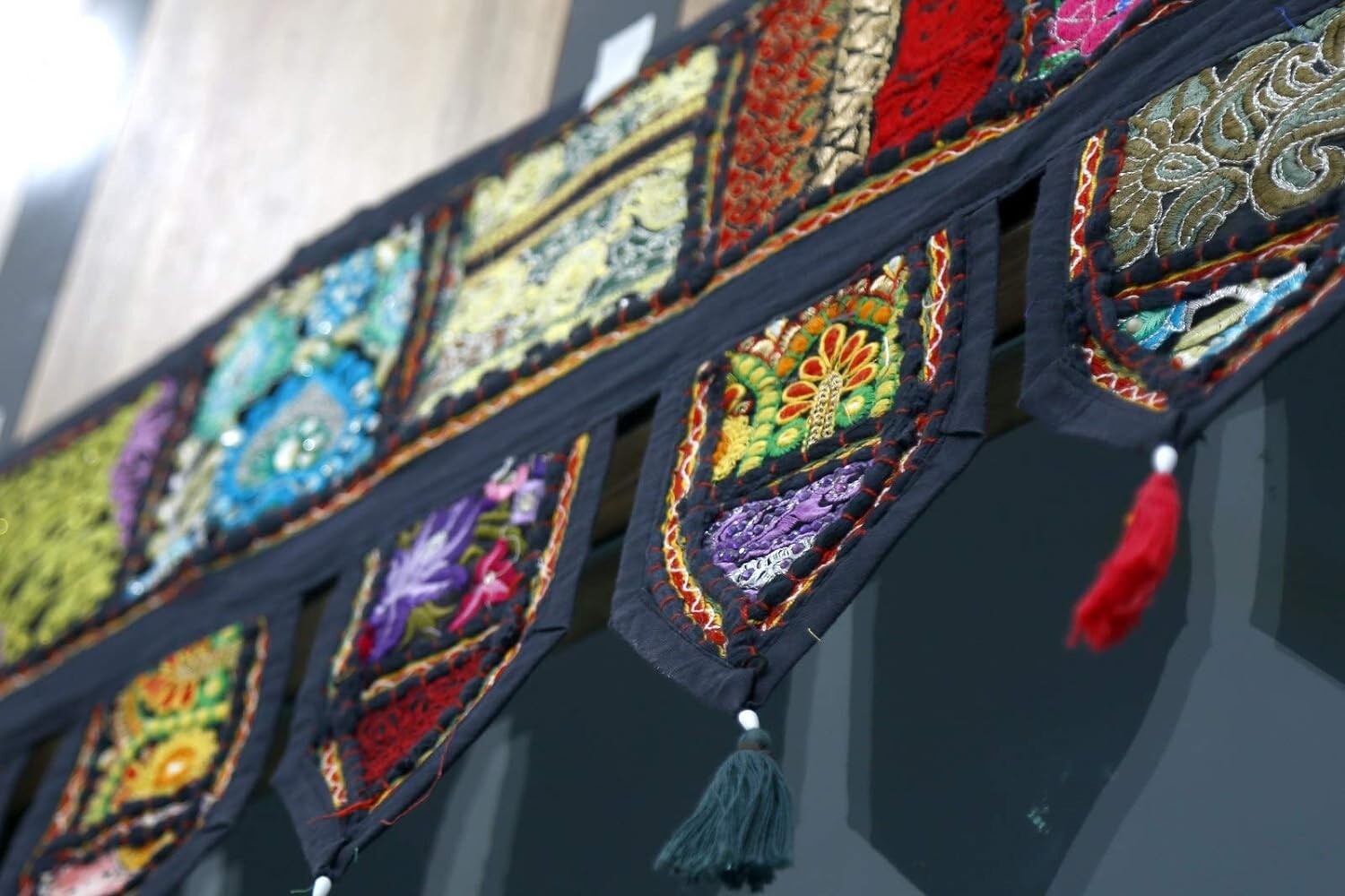 Indian Black Vintage Patchwork Embroidery Toran Door Valance Wall Hanging Decor