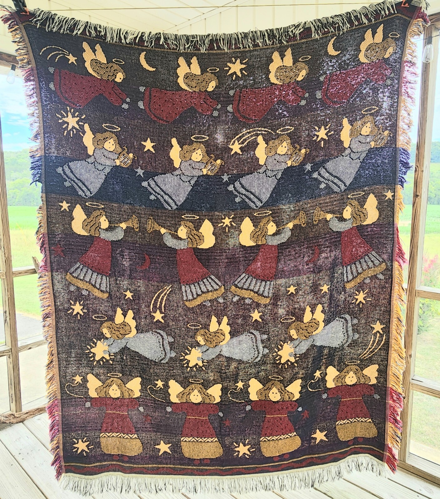 Vintage Crown Crafts Angel Christmas Throw Blanket Fringed Afghan Cotton 48″x63″