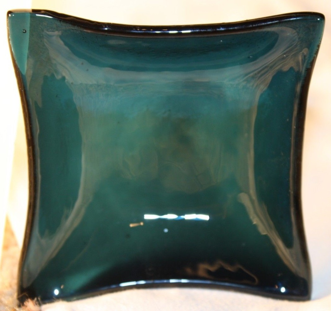 Fused Glass Art Bowl Small Square Transparent Aqua 3.5″ x 3.5″ Handmade in USA