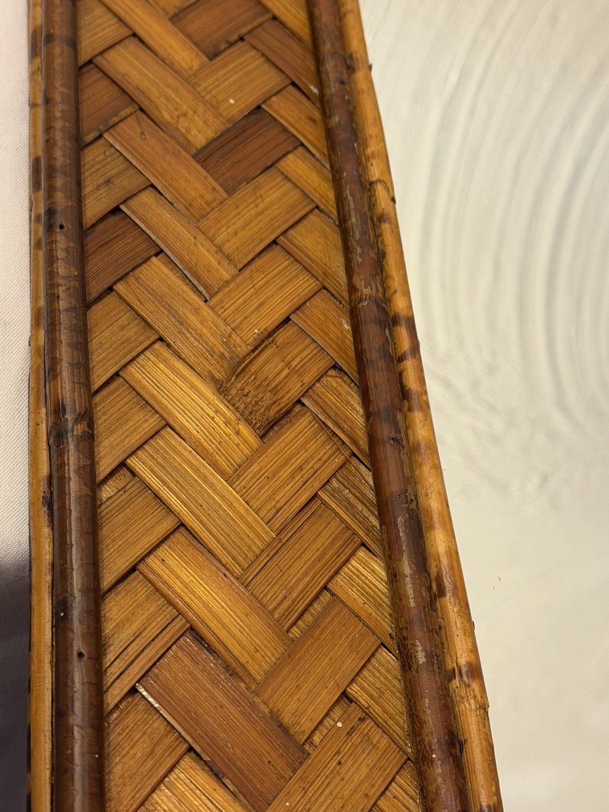 Vintage 1970’s Mottled Arched Bamboo Rattan Herringbone Pattern Mirror Hong Kong