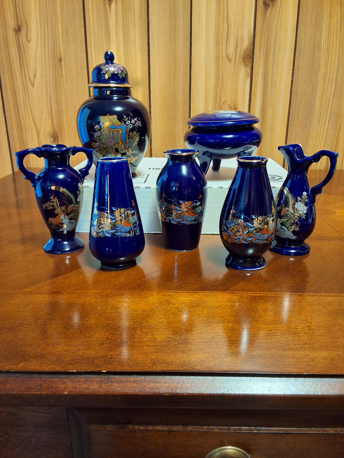 Vintage Set of 7 Cobalt Blue Japanese Porcelain Vase Gold Gilt Peacock Pheasant