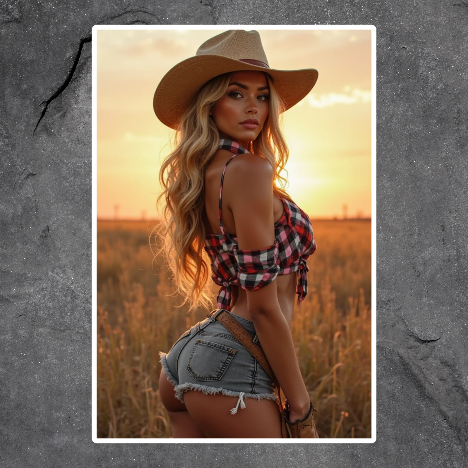 Pinup girl sticker vinyl decal blonde cowgirl in cowboy hat plaid shirt shorts