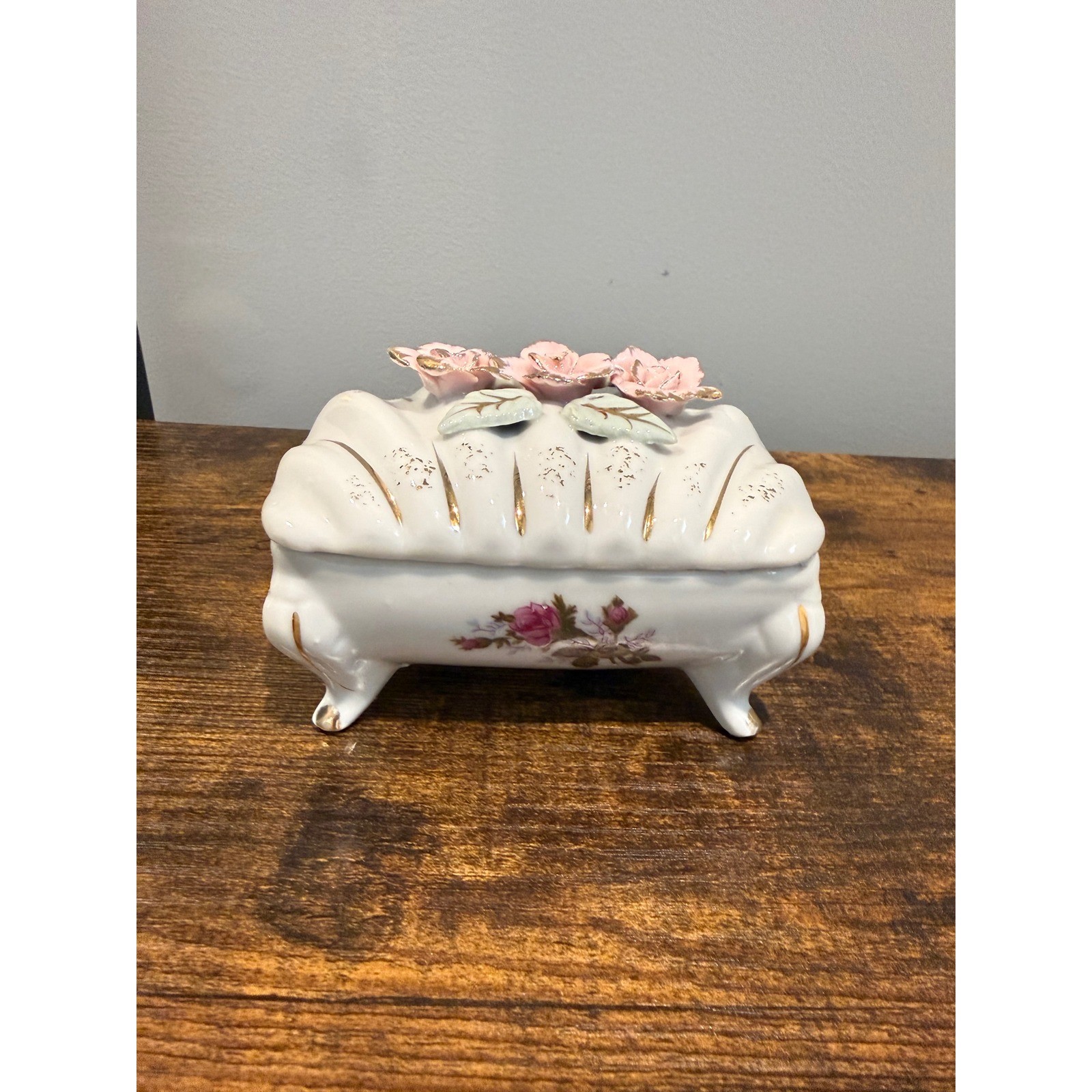 Vintage Tilso Japan Porcelain Trinket Box Pink Roses Gold Trim Footed Floral