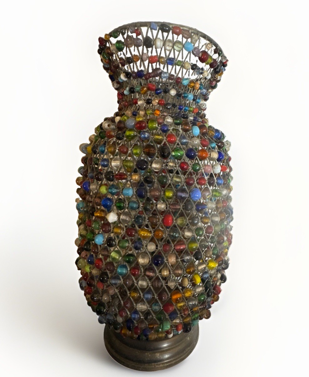 Vintage Artisan Beaded Wire Mesh Vase Multi Color Glass Stone Eclectic Decor