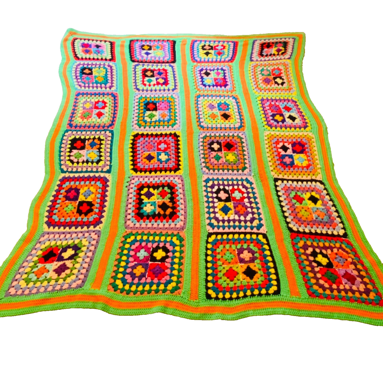 Vintage Hand Knit Afghan Granny Square Colorful Twin Blanket 84″x72” Retro 70s
