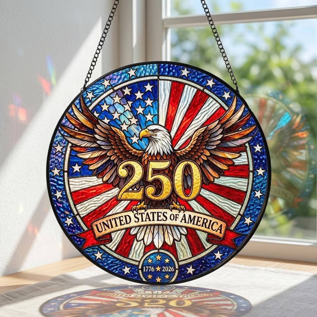 USA 250th Anniversary Stained Glass Suncatcher Patriotic Floral Acrylic Window