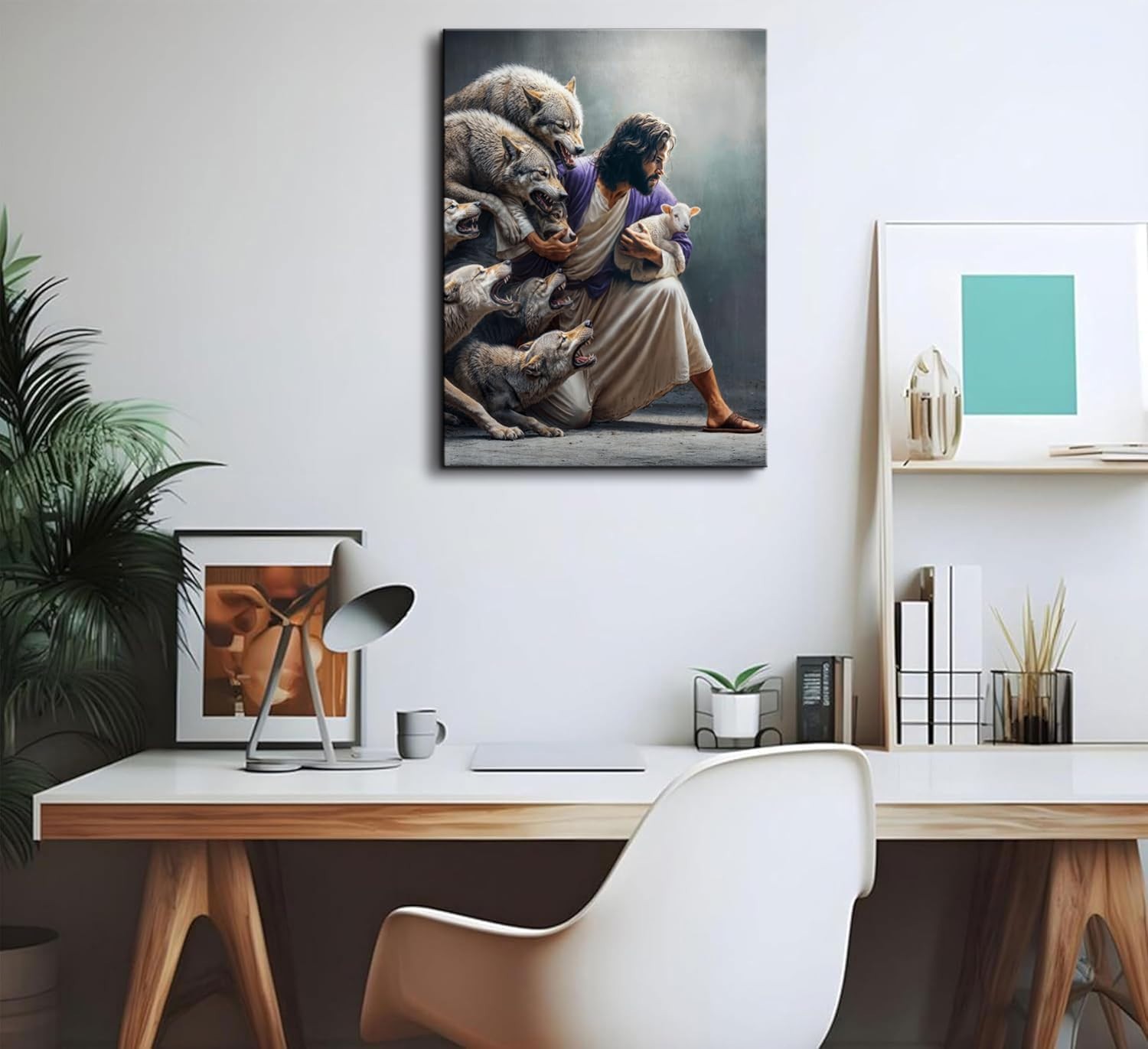 Christian Canvas Wall Art Jesus Guardian Shepherd Protecting Lamb from Wolves