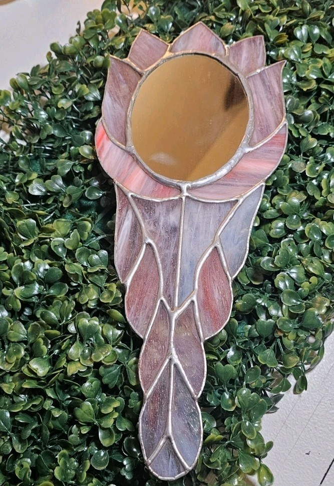 VTG Handmade Stained Glass mirror with a floral design. Pink