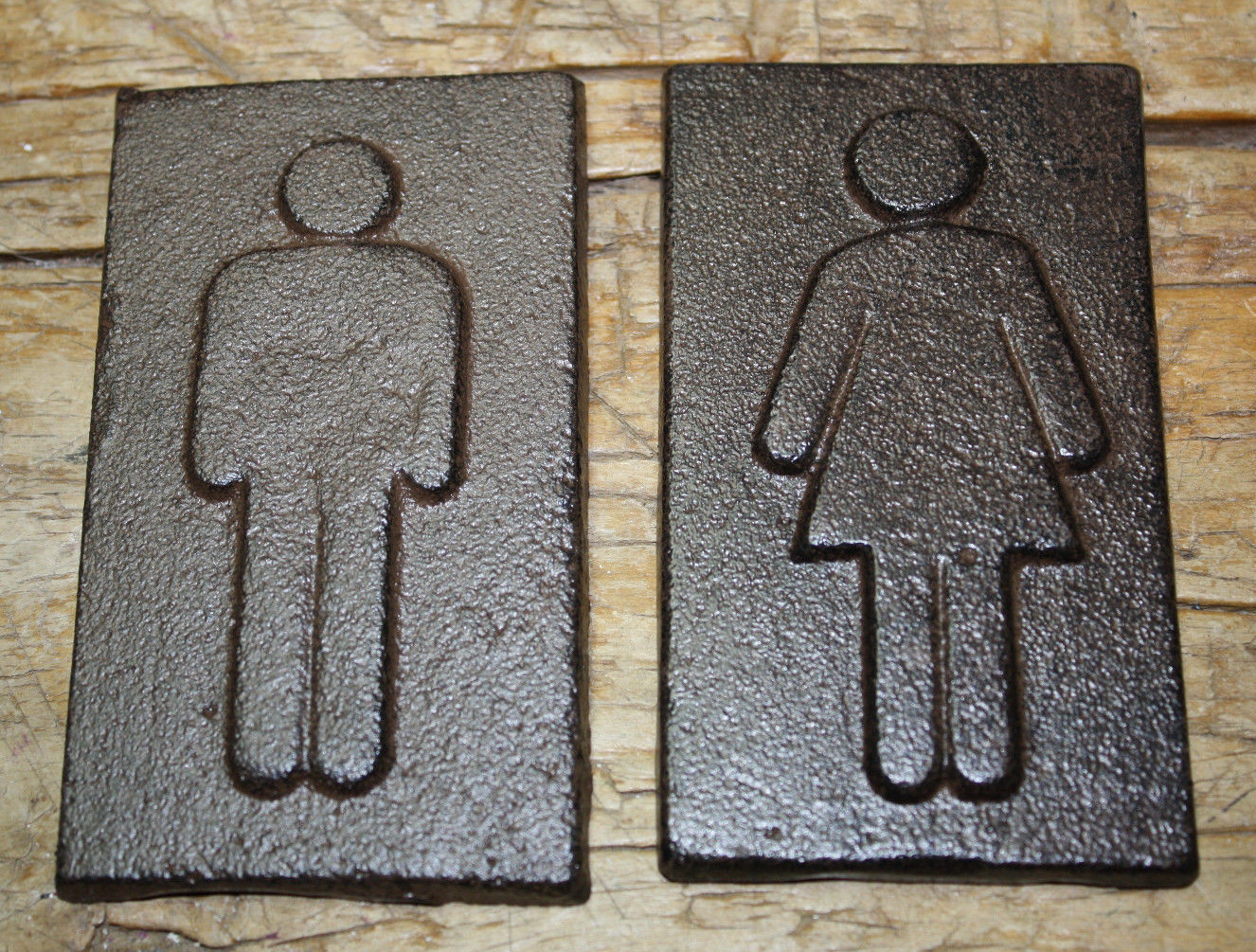 Cast Iron Antique Style Man & Woman Bathroom Decor Figures Wall Plaque Signs