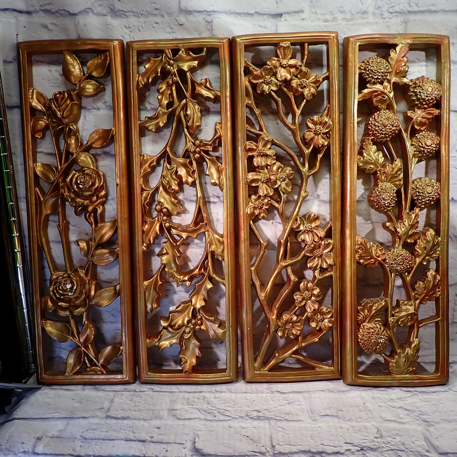 Vintage Handmade Gold Floral mcm panel Set 4 Seasons Rectangular Large Decor