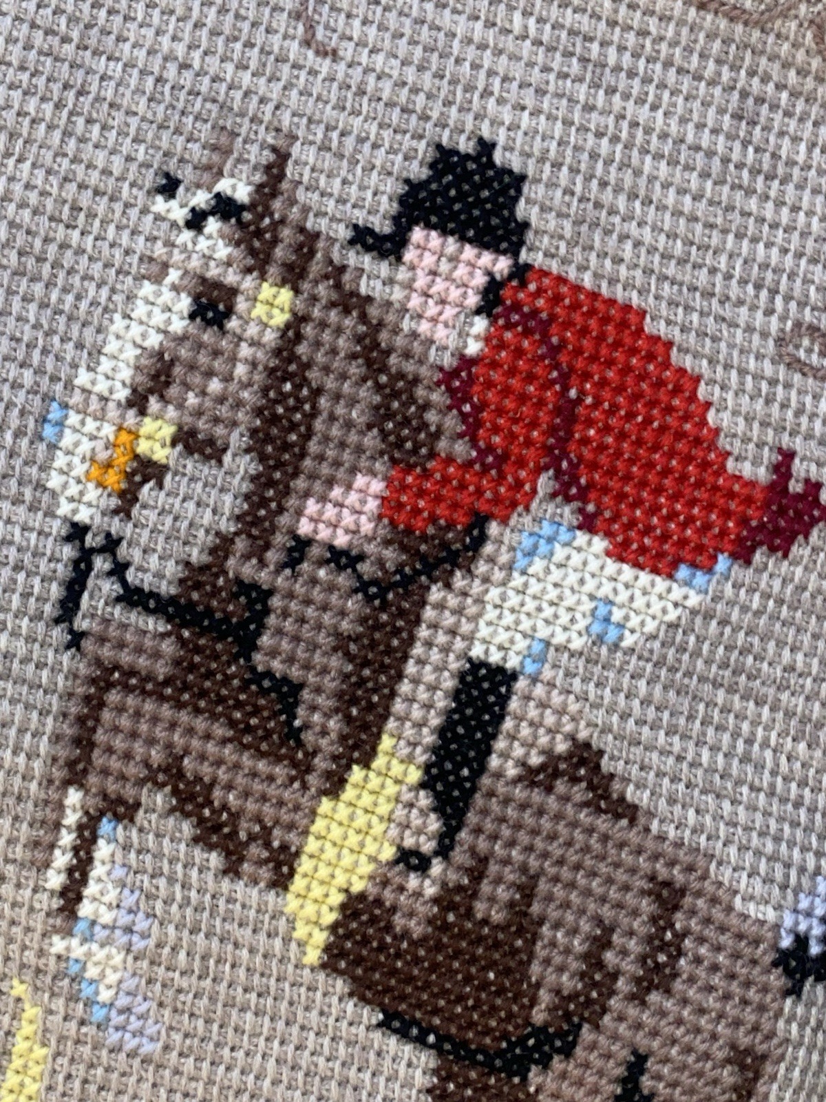 Vintage Hand Knitted and Embroidered English Hunting Scene Afghan Throw Blanket