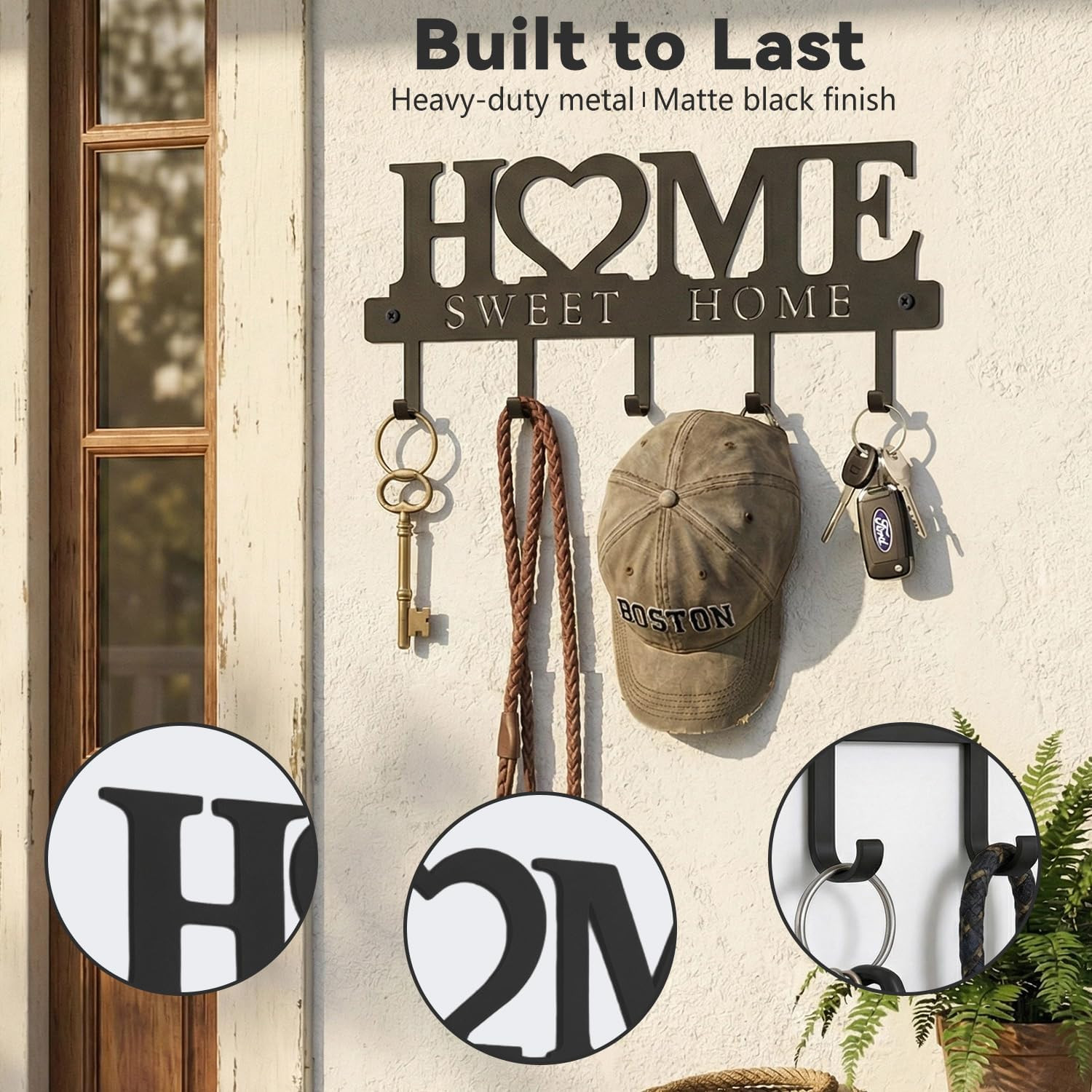 Entryway Wall Key Holder with 5 Hooks, Metal Key Rack Wall Mount for Keys, Bags