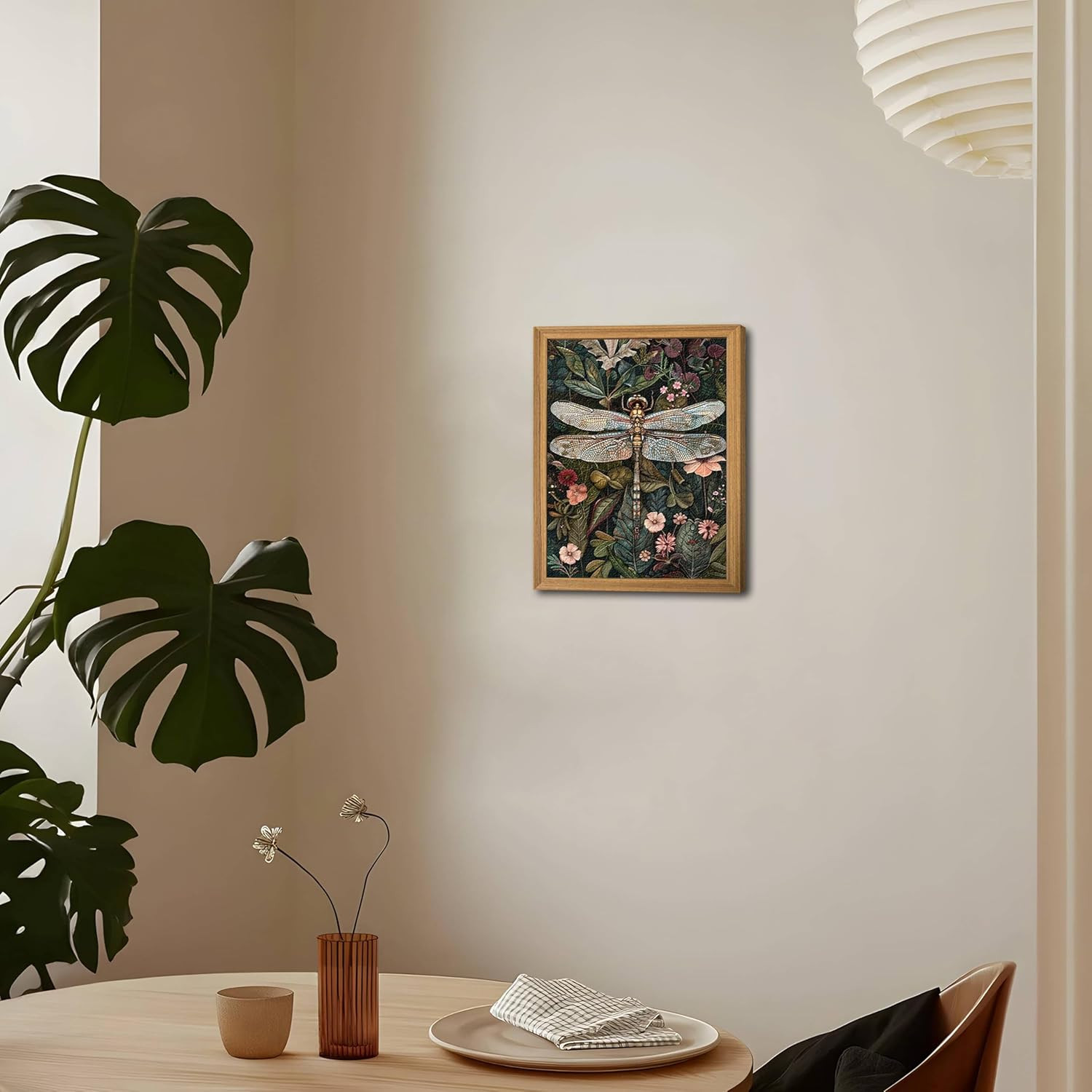 Framed Vintage 3D Textured Wall Art – Dark Green Dragonfly Flowers Wall Decor –