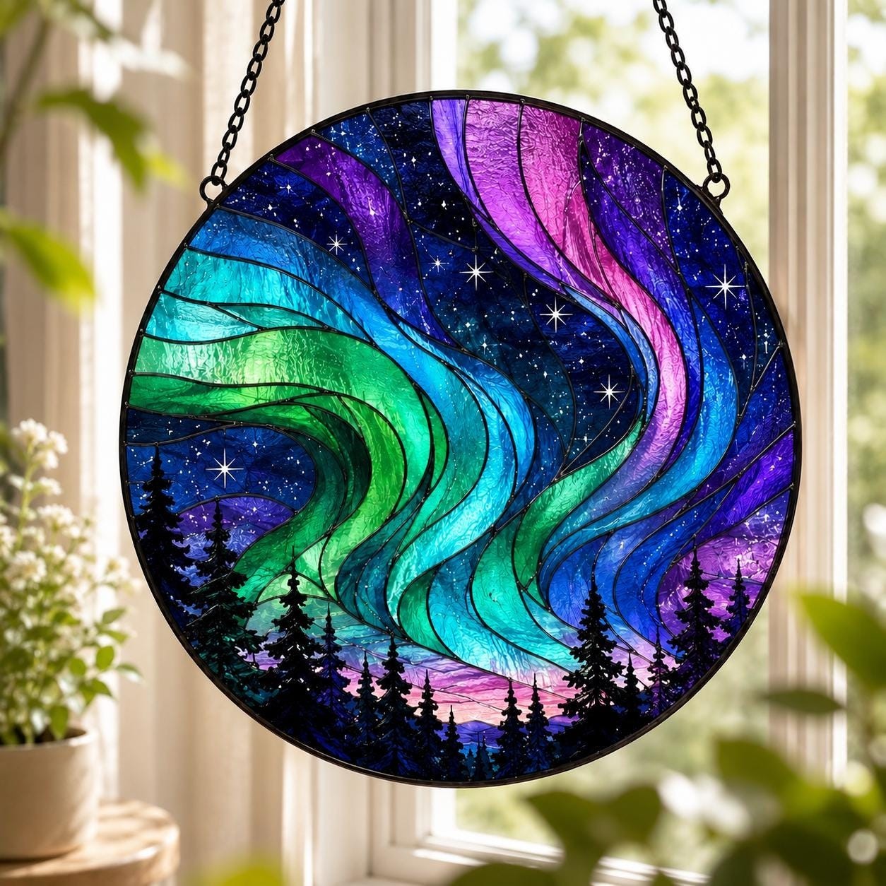 Northern Lights Stained Glass Suncatcher, Aurora Borealis Window Hanging Decor