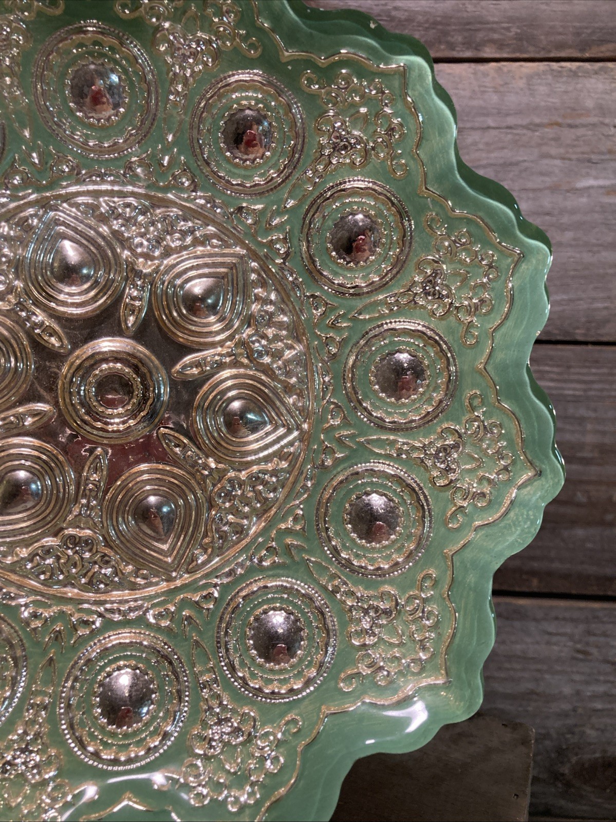 Vintage Glass Bowl With Teal Green & Silver, EFE GLASS 9” Turkish