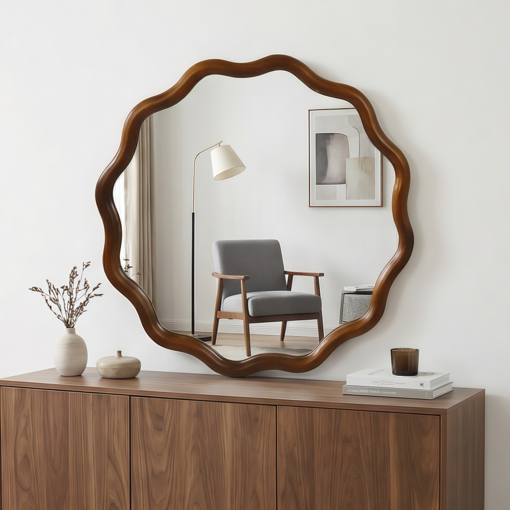 30in Wavy Round Mirror Wood Frame Mid-Century Modern Mirror For Bedroom Bathroom