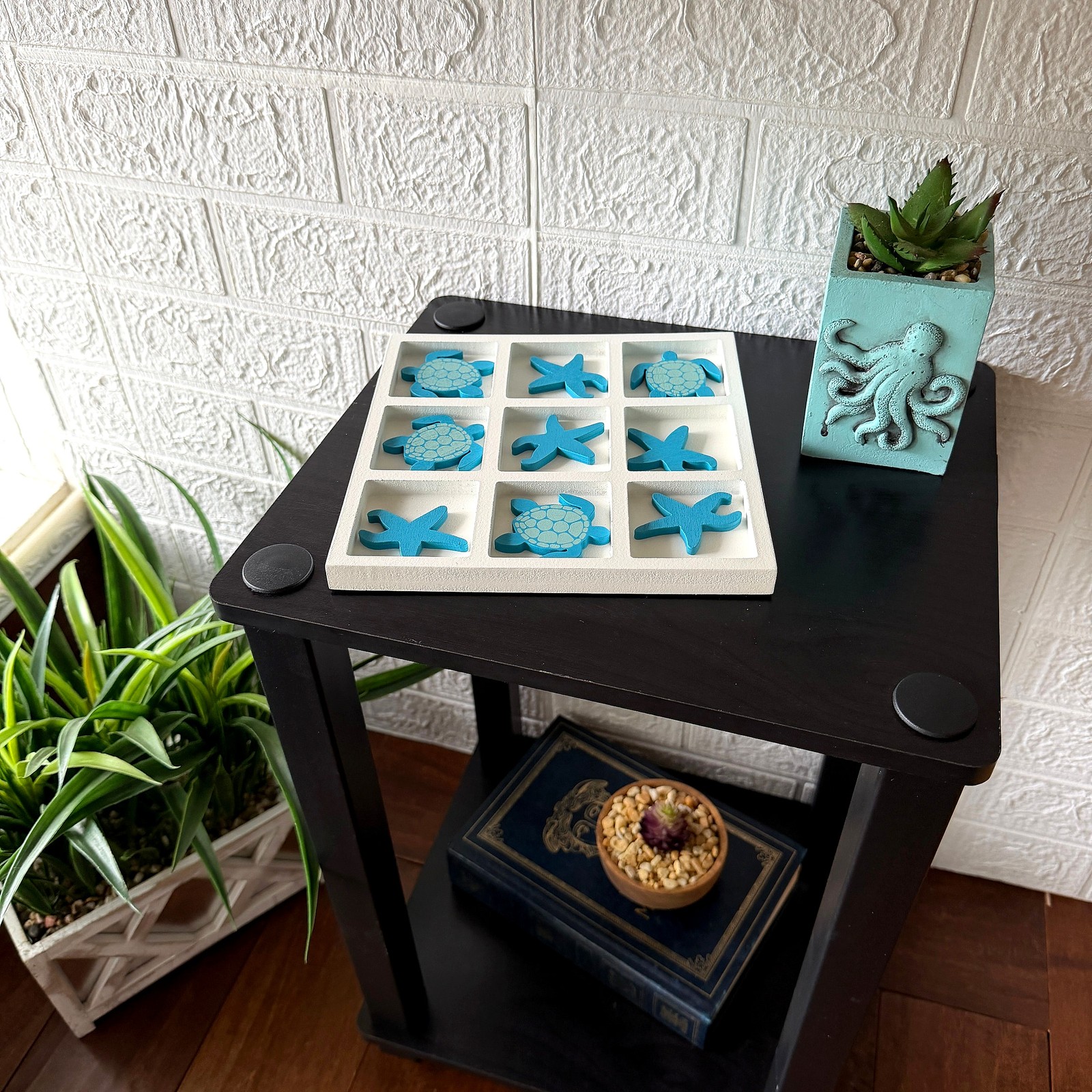Coastal Sea Turtle Starfish Sculpture Decor Board White Blue Wood 7.75 In