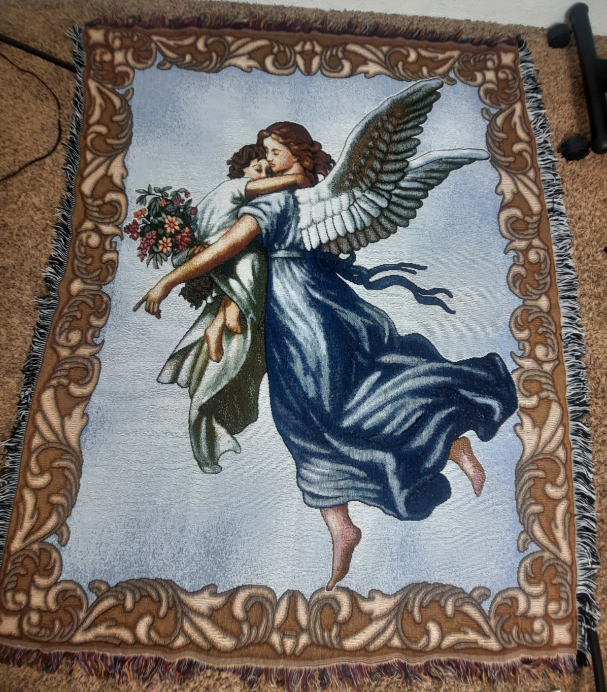Guardian Angel Holding Child Tapestry Woven Throw Blanket Soft Mohawk USA 48×59″