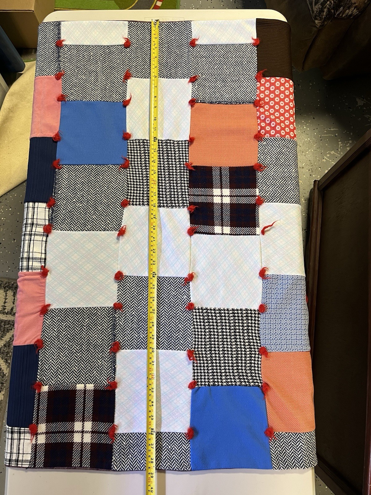 Vintage Patchwork Block Lap Blanket Multi Color Fabric approx 38.5 in x 41.5 in