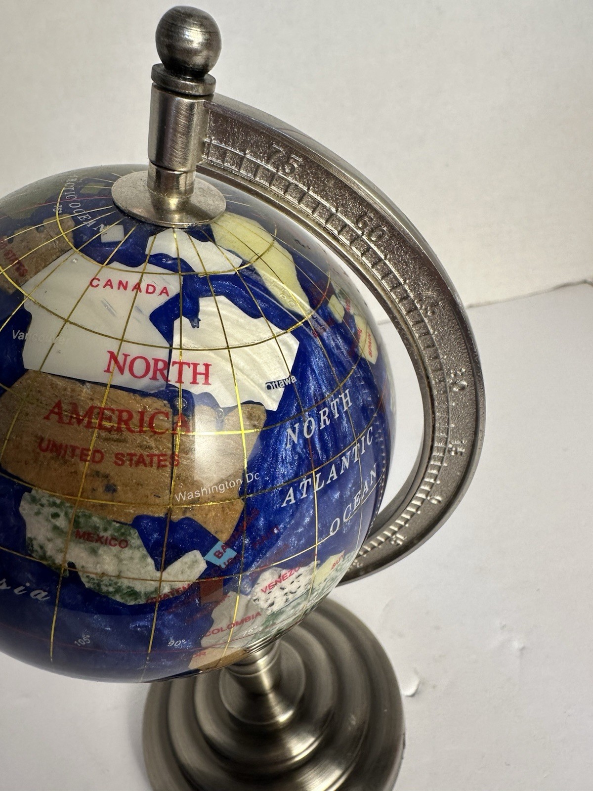 Vintage simi precious stones Mini Globe 4 In In Diameter 9 In Tall Silver Base