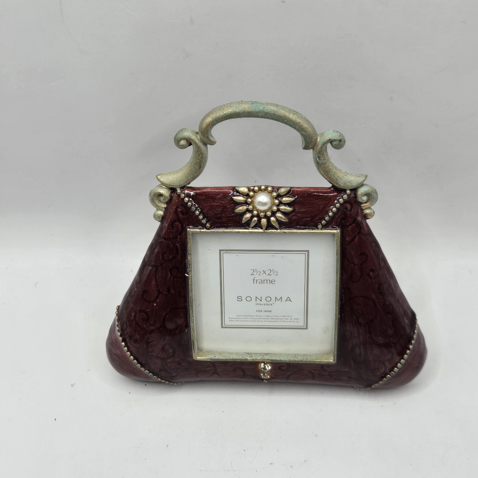 Sonoma Hanging Stand Alone Photo Frame Purse Red Enamel Crystal 2 1/2″ X 2 1/2″