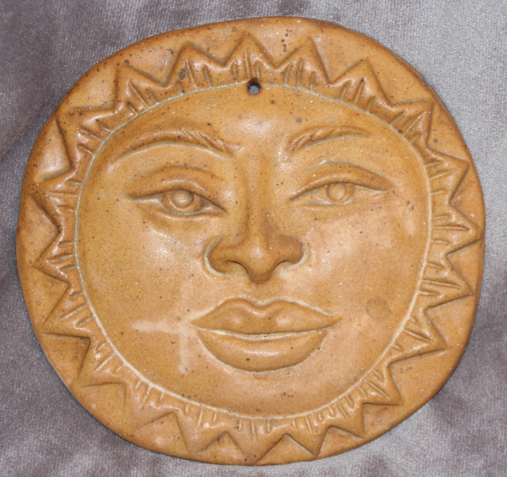 Vintage Terra Cotta 7” Sun Face Art Pottery Hanging Wall Art Indoor/Outdoor