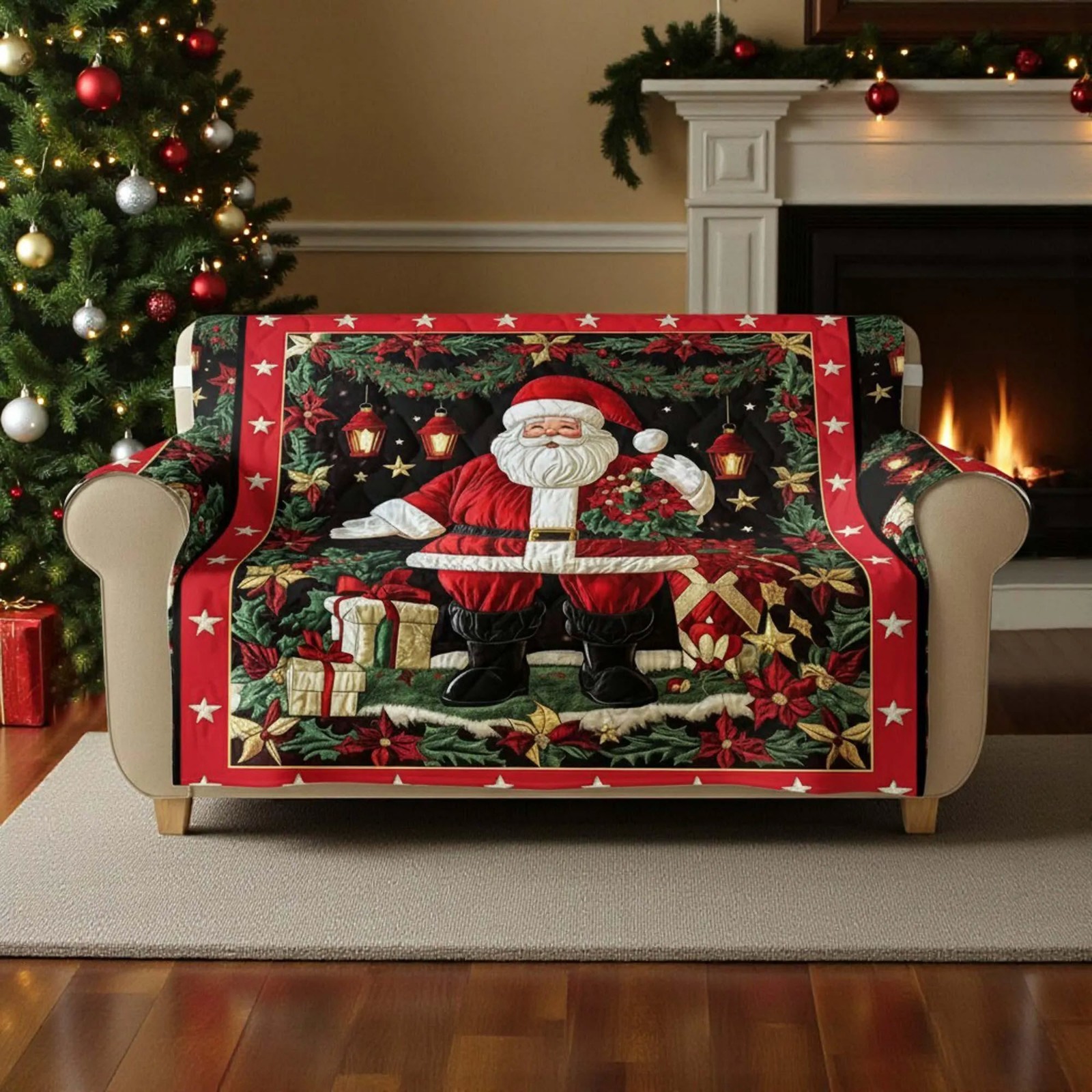 Santa Claus Christmas Quilted Sofa Cover Winter Farmhouse Decor Protector