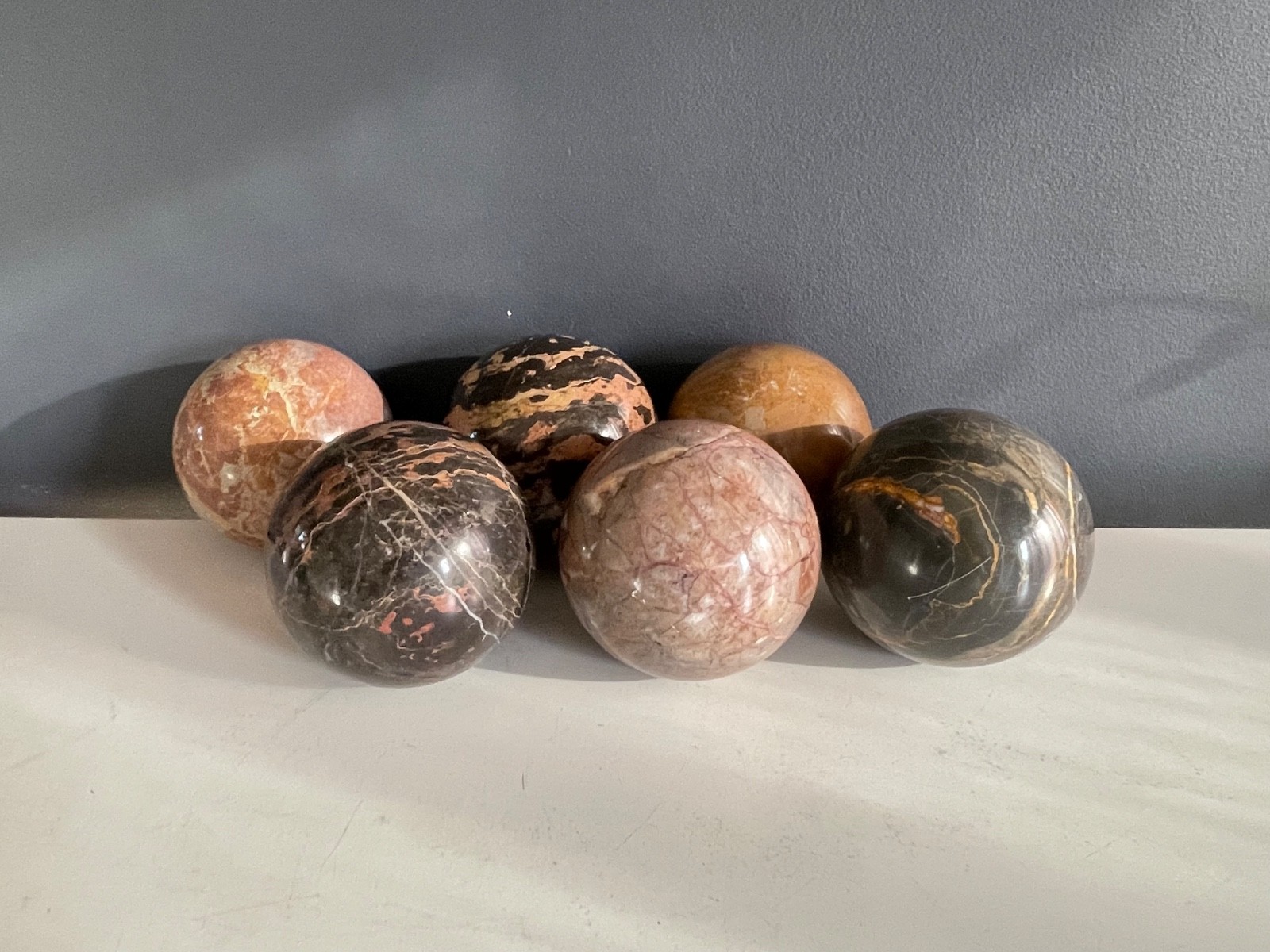 Set of 6 Polished Marble Stone Spheres 4” Decorative Orbs Natural Veined Art Dis