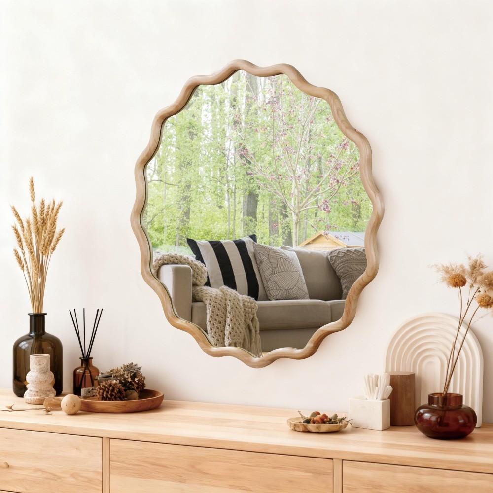 30in Wavy Round Mirror Wood Frame Mid-Century Modern Mirror For Bedroom Bathroom