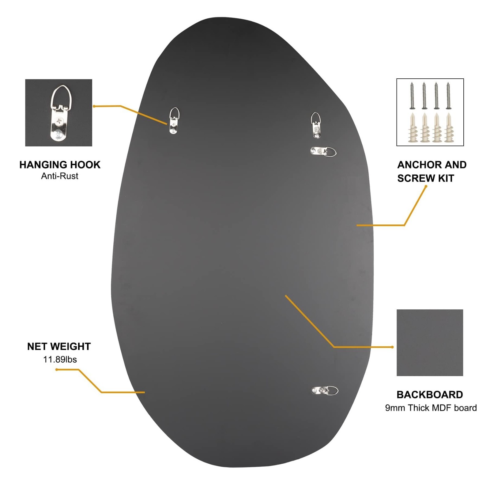Asymmetrical Decorative Wall Mirror – Gold Wood Framed, 19.5″ x 33.5″, Bathroom,