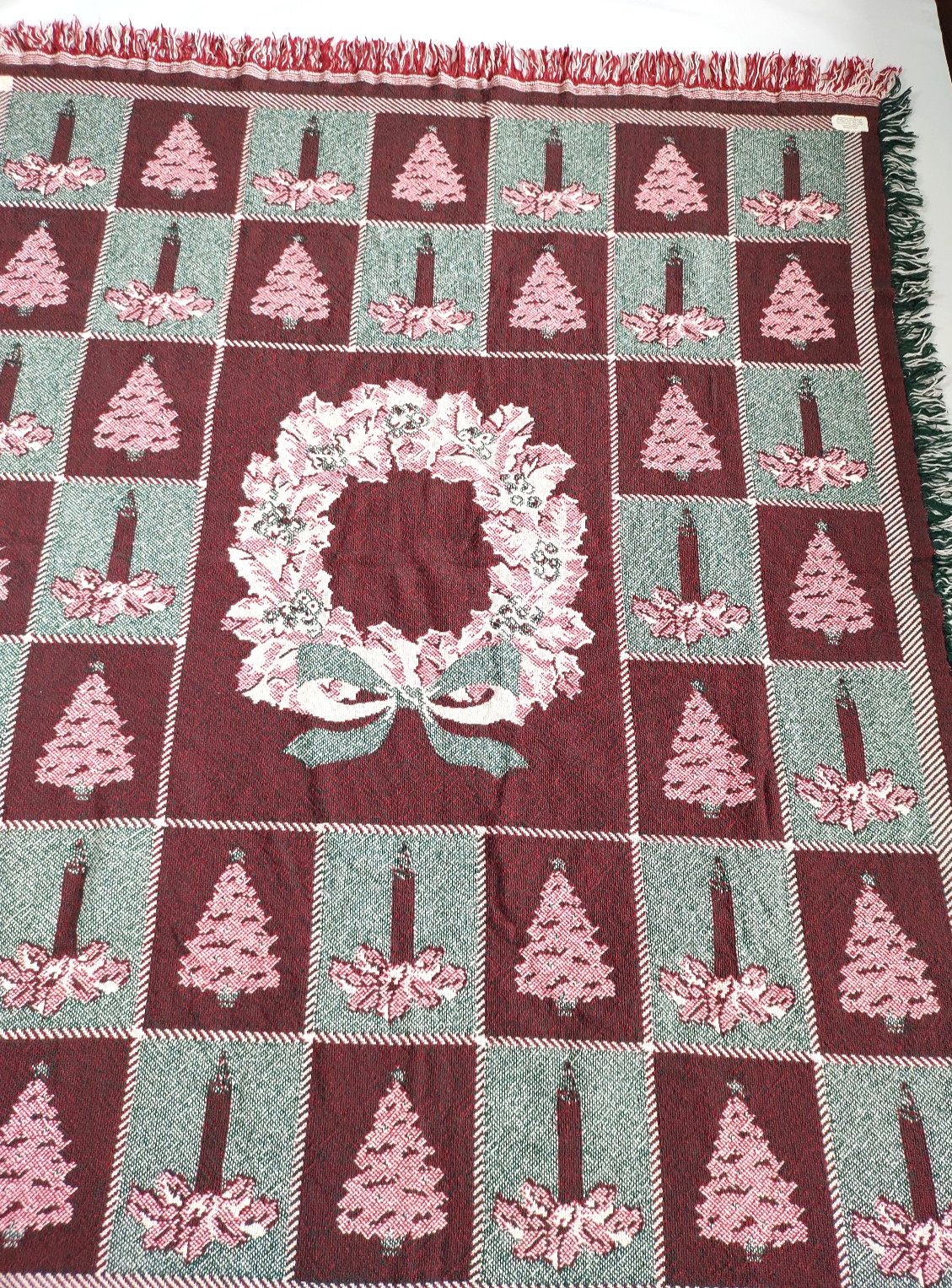 Weaved Tapestry Wreath Blanket~Trees Candles Fringed 100% Cotton~46in x 58 in