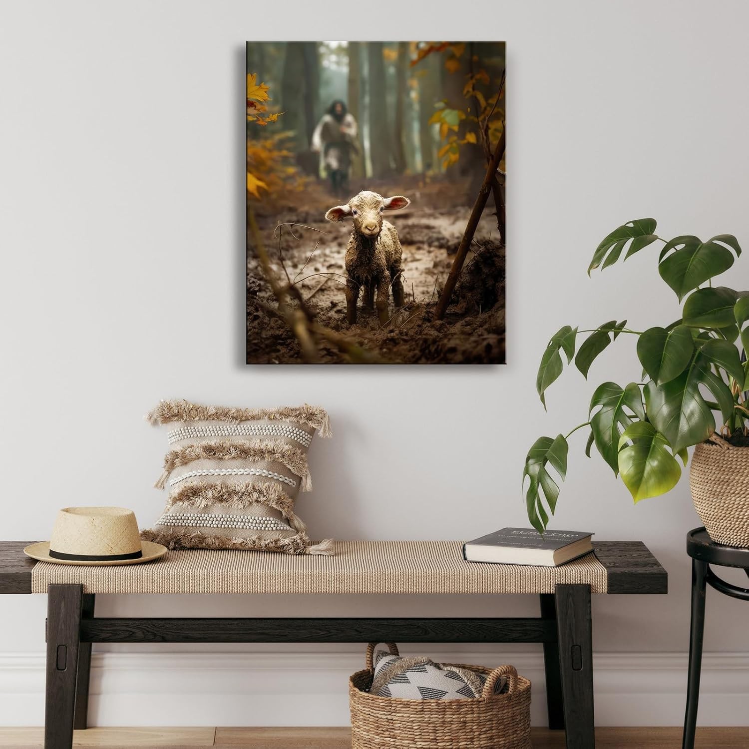 Jesus Running After Lost Lamb Christian Canvas Wall Art Prayer Room Decor
