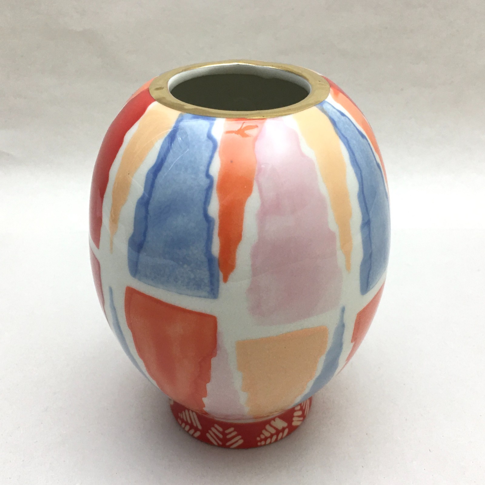 Anthropologie Geometric Vase Coral Blue Peach Abstract Gold Rim Home Decor