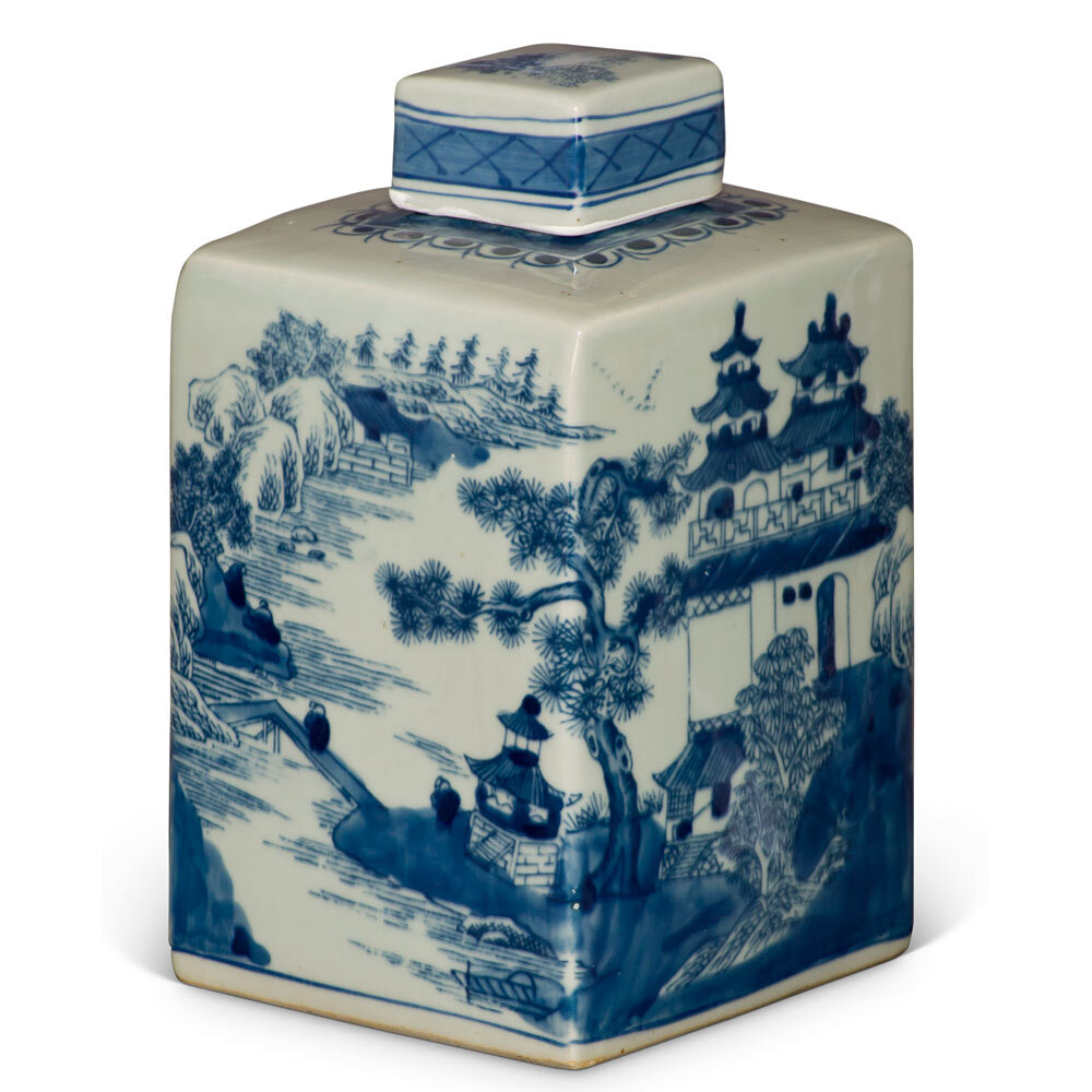 US SELLER – Blue and White Porcelain Chinese Tea Jar with Pagoda Scenery Motif