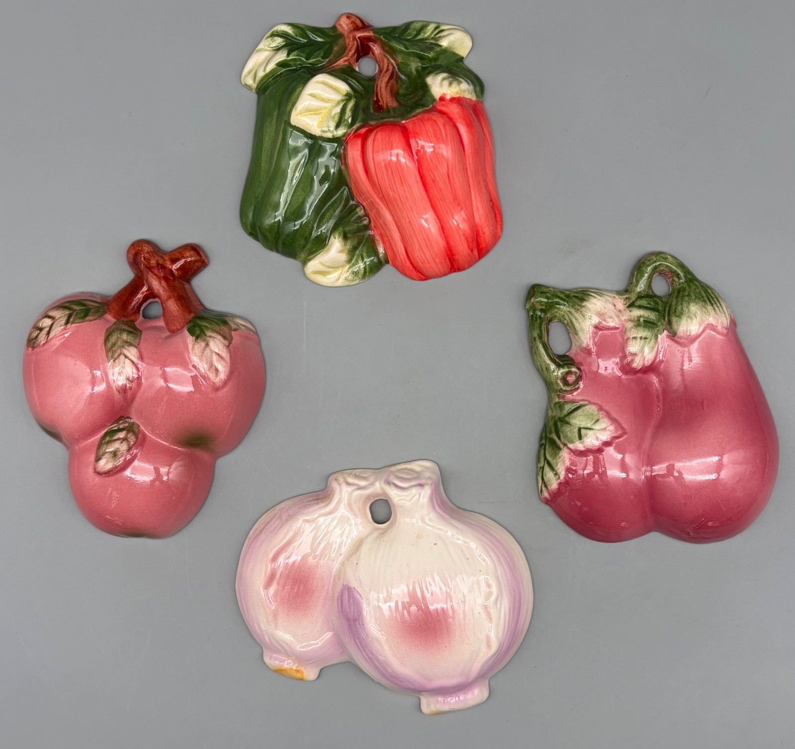 4 VTG Ceramic Glazed Fruit Vegetable 3D Kitchen Decor Wall Hanging Plaques MCM