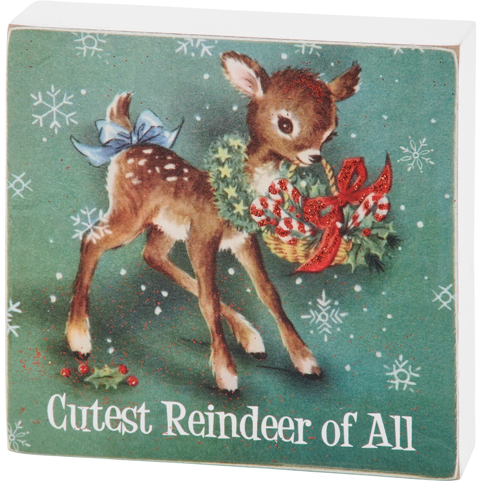 Cutest Reindeer Retro Christmas Primitives by Kathy Wood Block Sign 4 in x 4 in