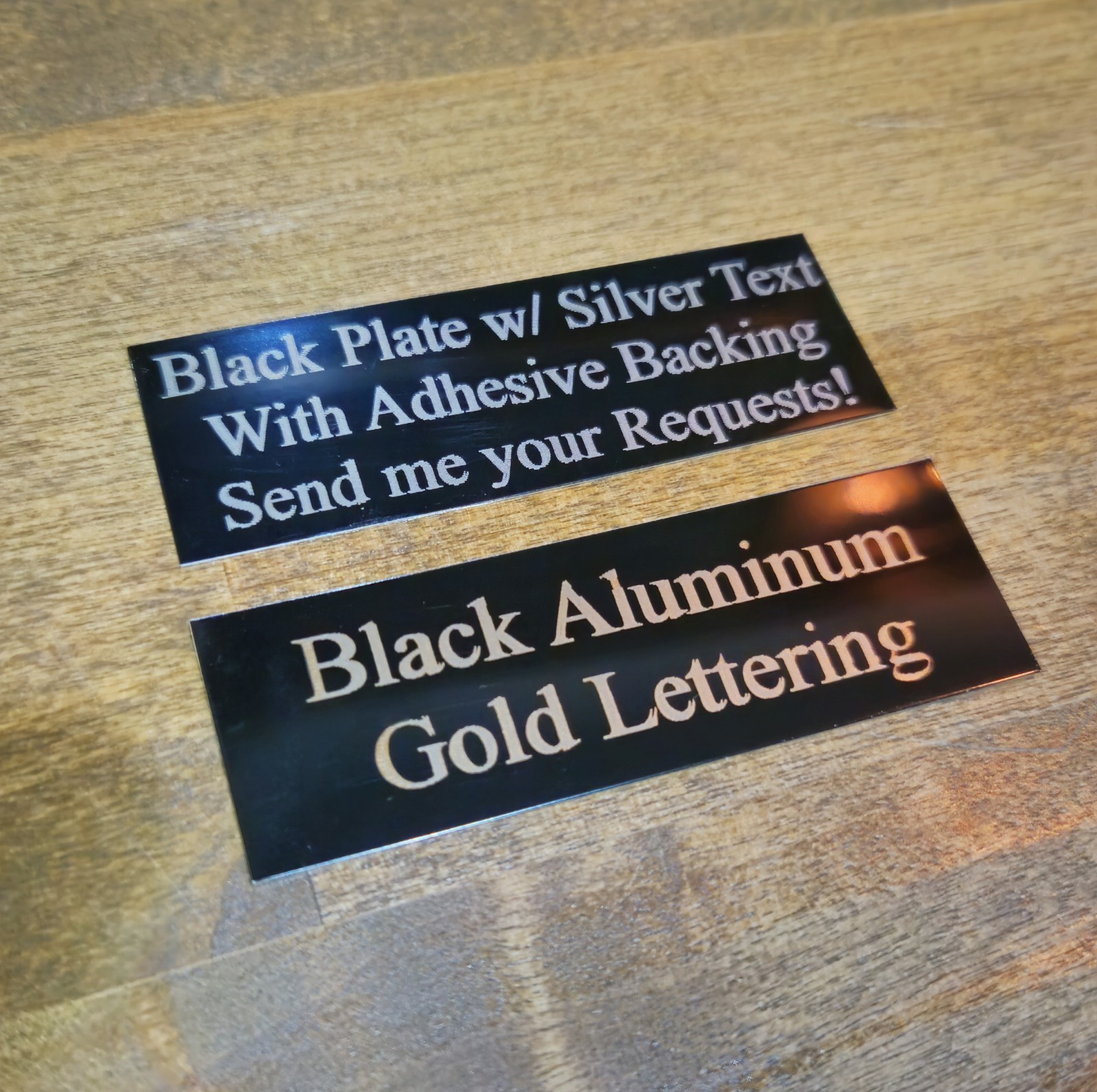Custom Aluminum Black Plate w/ Gold or Silver Text Adhesive Tag Sign Home Garden