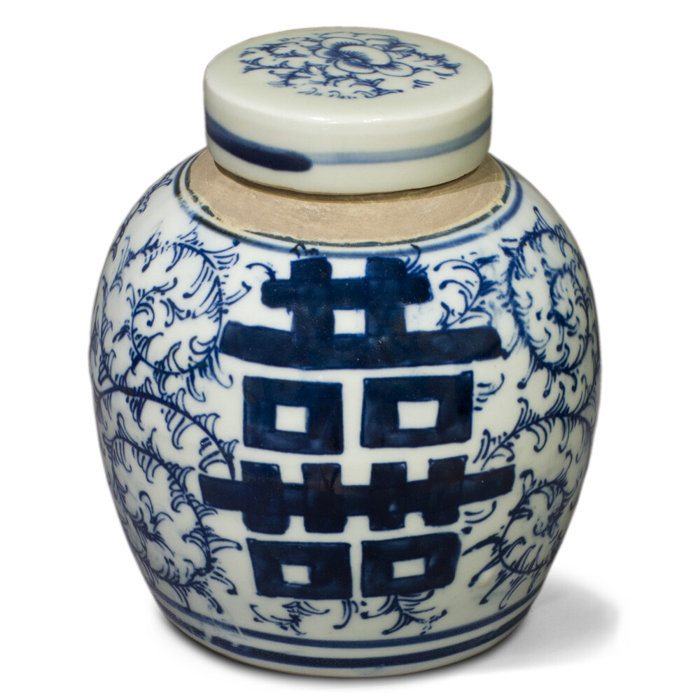 US Seller – Blue and White Porcelain Double Happiness Chinese Jar