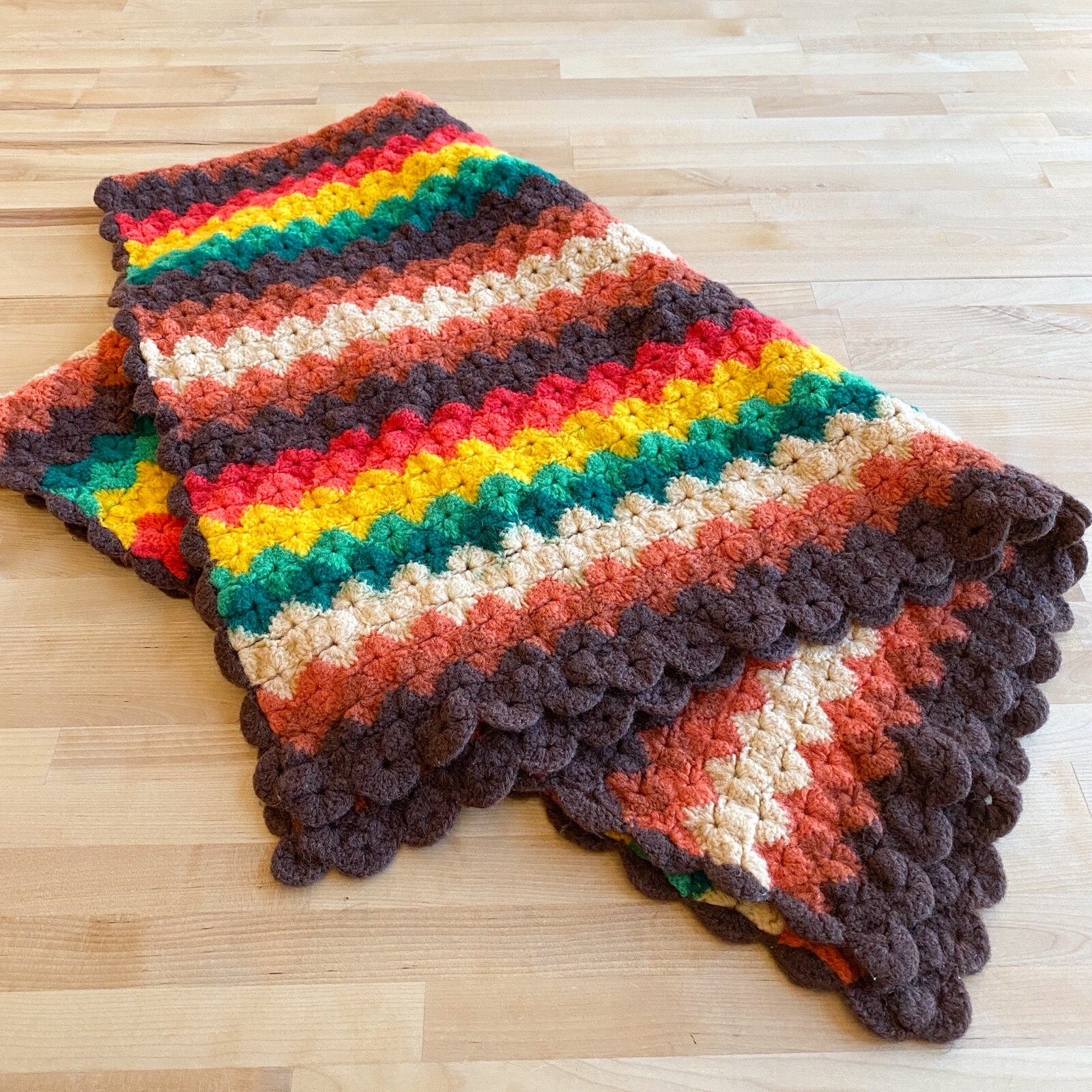 Vintage 70’s Crochet Throw Blanket Afghan Striped Brown Green Boho Granny 51×33