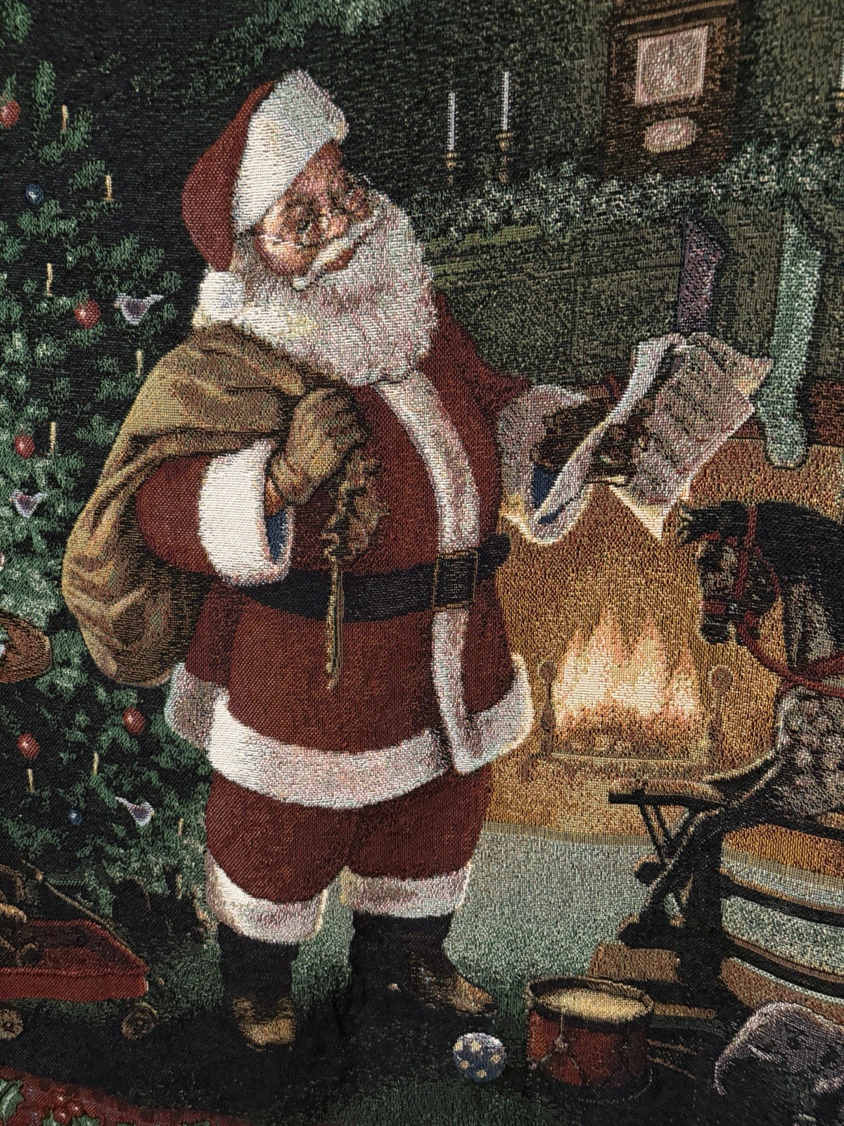 Fringed Tapestry Christmas Throw Blanket Santa, Tree, Fireplace 58”x47”