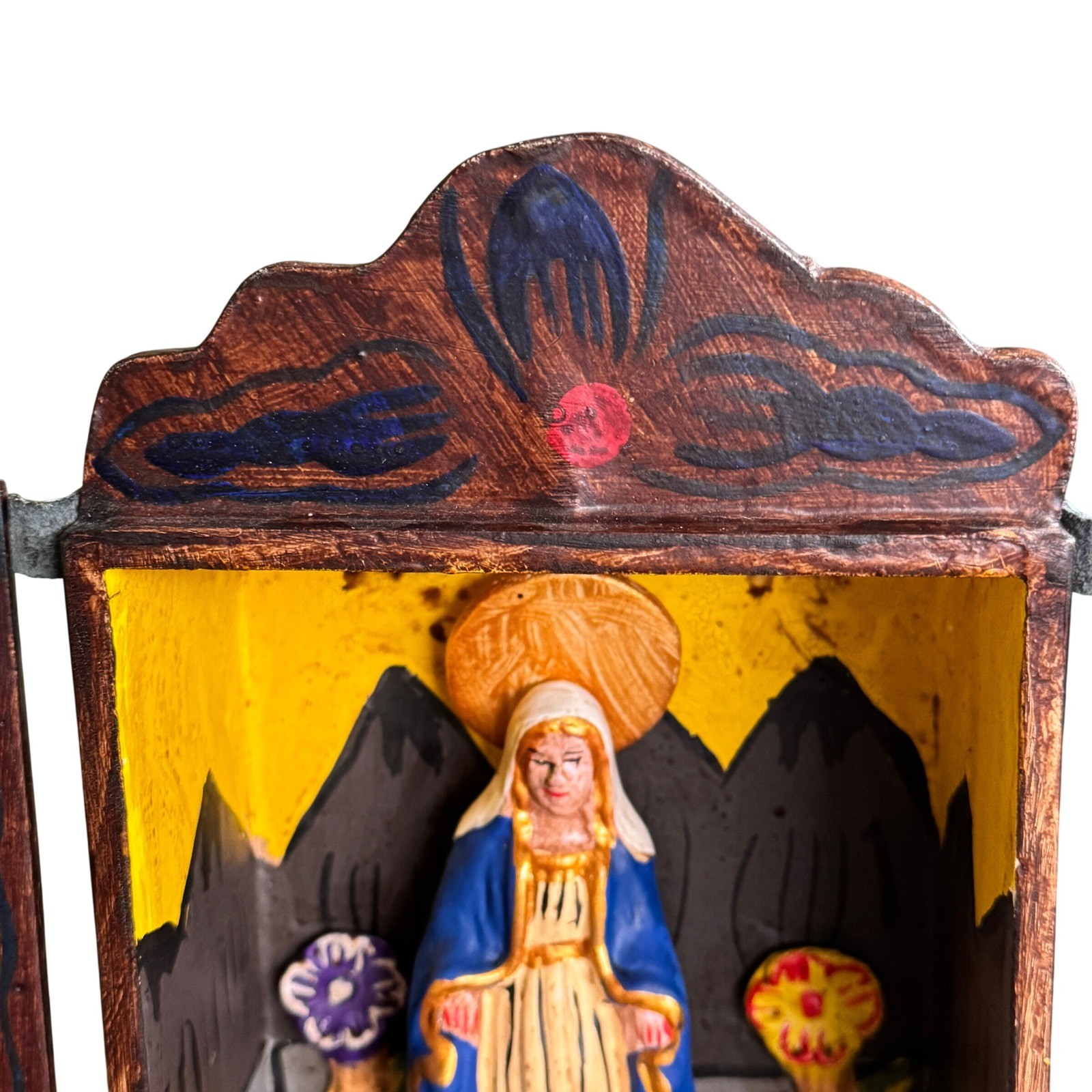 Vintage Peruvian Retablo Folk Art Virgin Mary Hand Painted Wooden Shadow Box