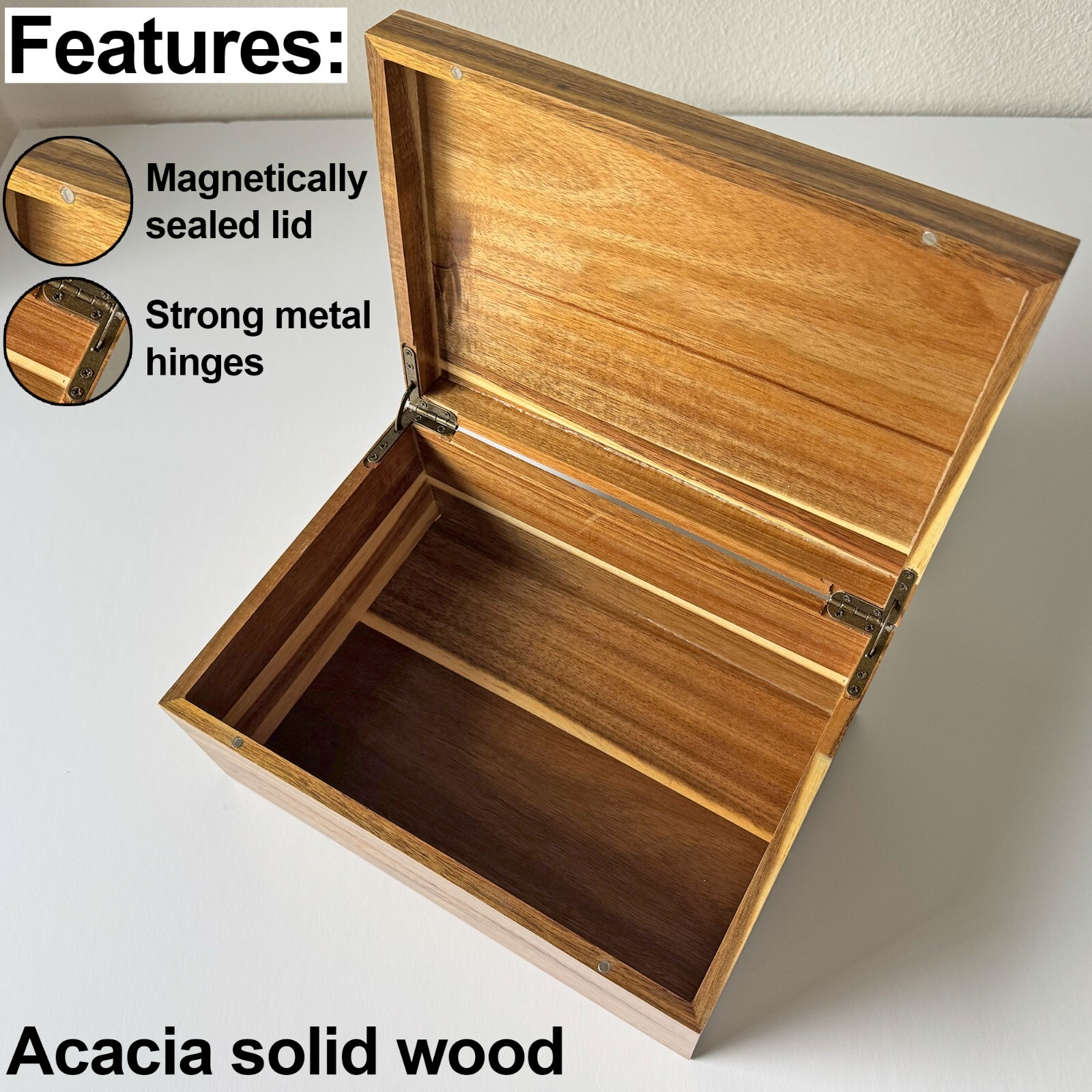 Personalized Storage Box w/ Hinged Lid, Acacia Wood, Wooden Memory Chest Large