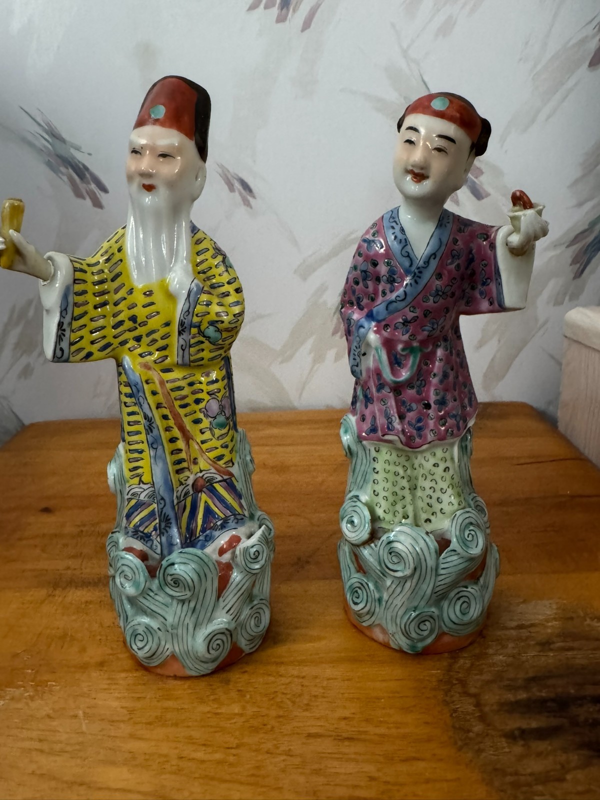 Vintage Hand-Painted Chinese Porcelain Shou Lao & Female Attendant Set China