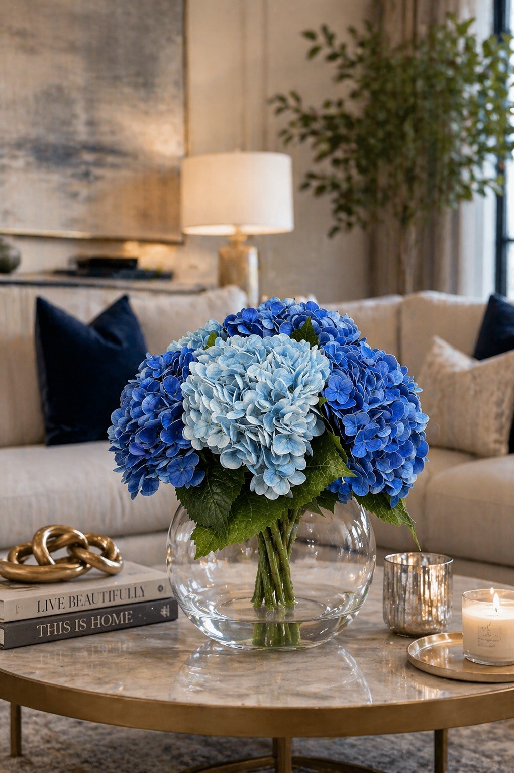 Luxury Blue Hydrangea Arrangement in Glass Vase Real Touch